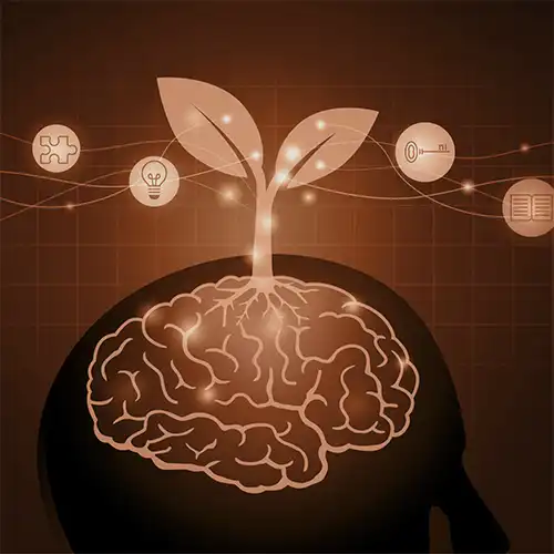 Illustration of a mind with leaves and some icons